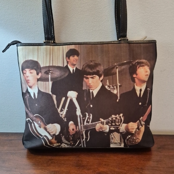 Beatles Band Print Black Zippered Tote Bag - Picture 4 of 13